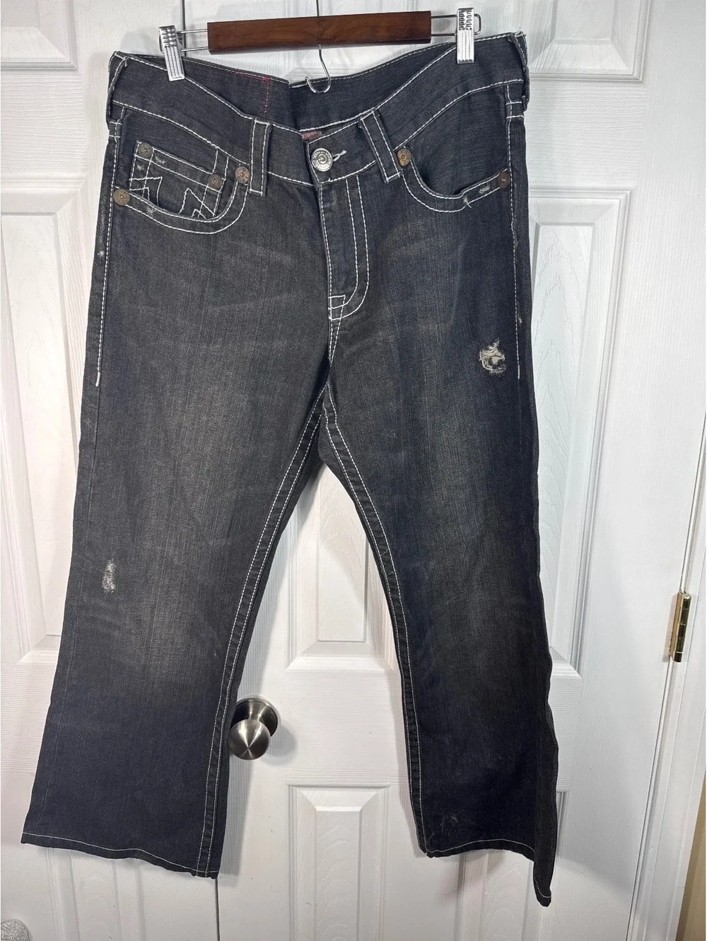 True Religion Black Distressed Denim Jeans with White Stitching